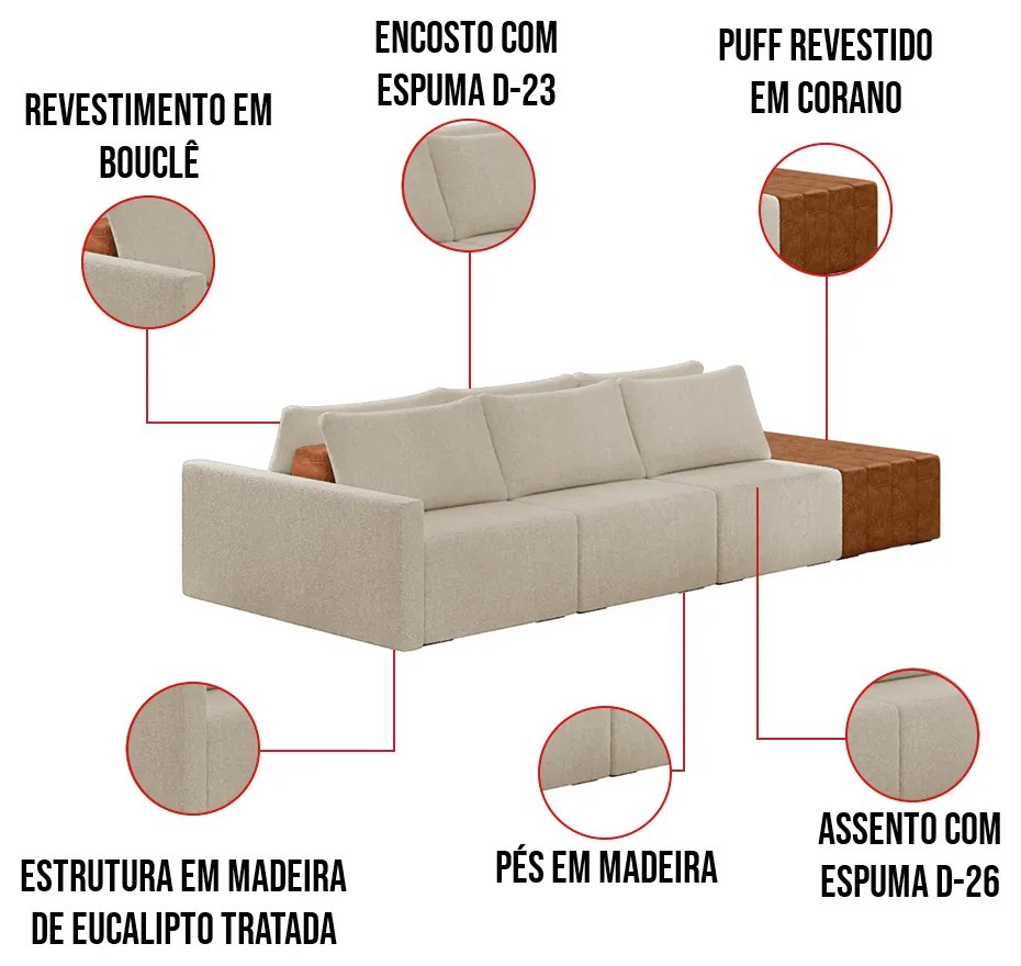 Sofá Ilha 3 Lugares Living 312cm Modulado para Sala Lary Bouclê Bege K01 - D'Rossi