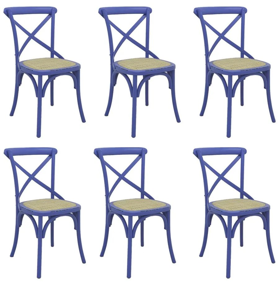 Kit 6 Cadeiras Decorativas Sala De Jantar Cozinha Danna Rattan Natural Azul G56 - Gran Belo