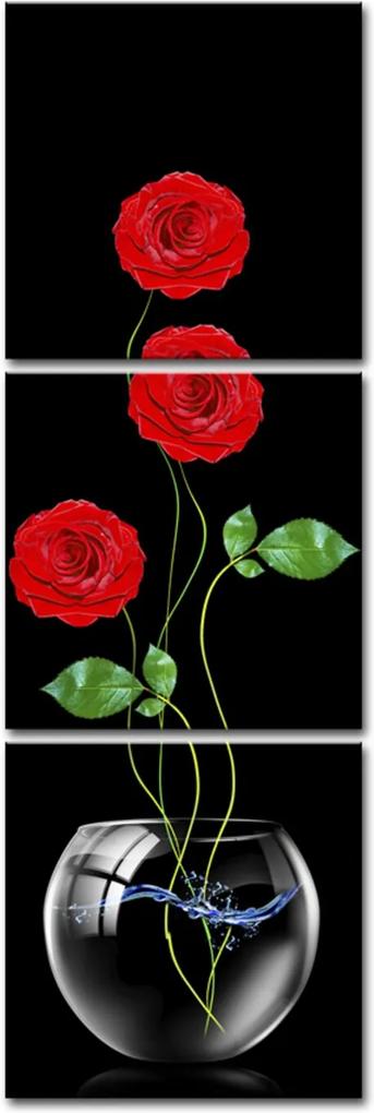 Quadro 50x150cm Rosas Vermelha Vaso Transparente Decorativo