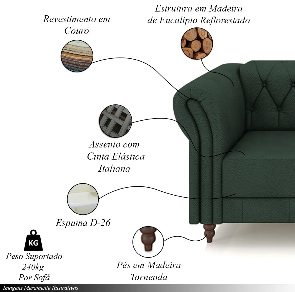 Conjunto de Sofá Sala de Estar Stanford Chesterfield 2 e 3 Lugares 180cm/260cm Pés Madeira Couro Verde G58 - Gran Belo