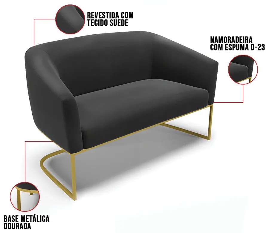 Sofá 2 Lugares Namoradeira Industrial Dourado Stella Suede Preto D03 - D'Rossi