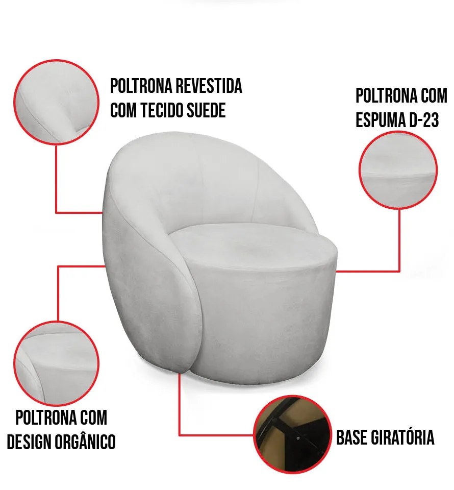 Poltrona Decorativa Orgânica Giratória Lua Suede D03 - D'Rossi - Cinza