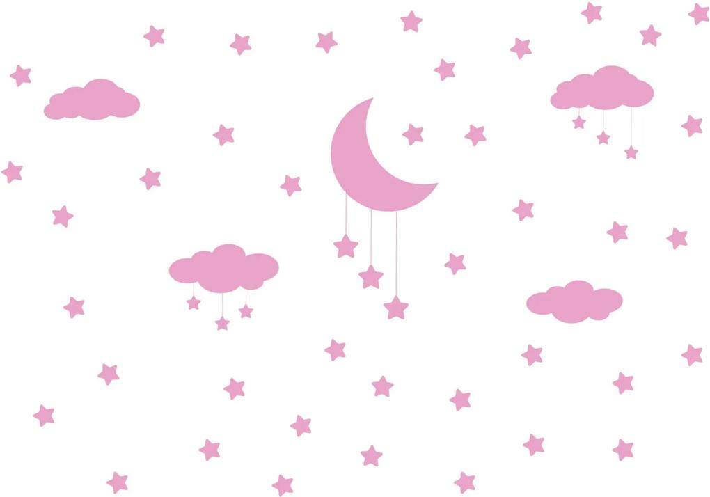 Adesivo de Parede Infantil Nuvens Lua e Estrelas Rosa Quartinhos