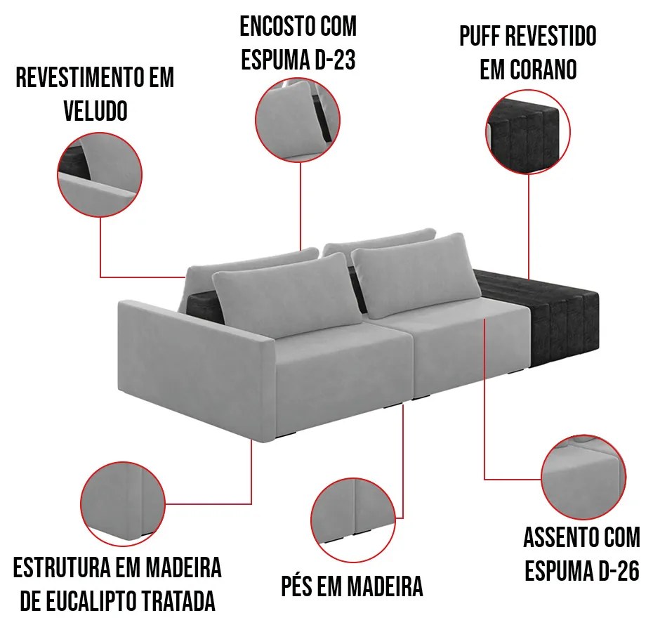 Sofá Ilha 2 Lugares Living 272cm Modulado Sala Lary Veludo Cinza/PU Pto K01 - D'Rossi