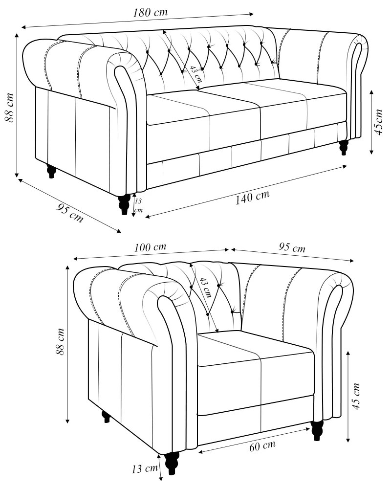 Conjunto Sala de Estar 1 Sofá Living 180cm e 1 Poltrona Stanford Chesterfield Pés Madeira Couro Verde Manchado G58 - Gran Belo