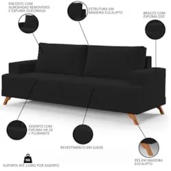 Sofá 3 Lugares 200cm Living Pés Curvos Santi D05 Suede Preto - Mpozena