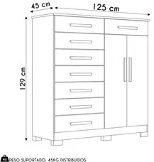 Cômoda Sapateira 8 Gavetas 2 Portas 125cm Verona Carvalho Grife/Off Wh