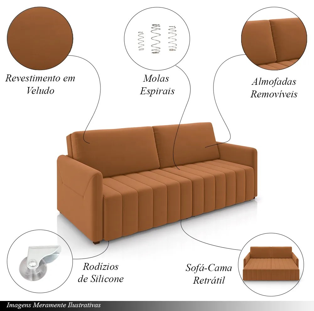 Sofá-Cama Decorativo Retrátil Thanos 2 Lugares 192cm Veludo Terracota G45 - Gran Belo