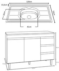 Balcão Gabinete com Pia Inox 120cm 2 Portas 3 Gavetas Andréia Branco -