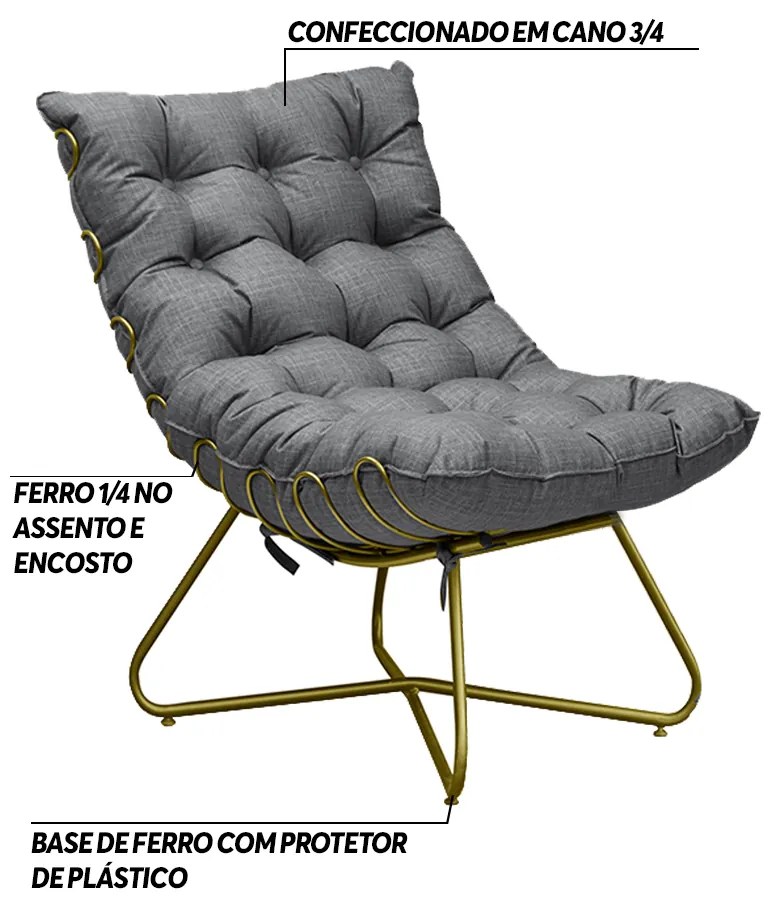 Poltrona Decorativa Sala de Estar Caim Base de Ferro Dourado Linho Cinza G41 - Gran Belo