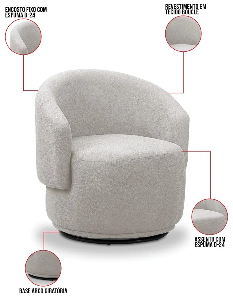 Poltrona Decorativa Orgânica Giratória Kit 2 Névoa Bouclê E03 - D'Rossi - Cinza claro
