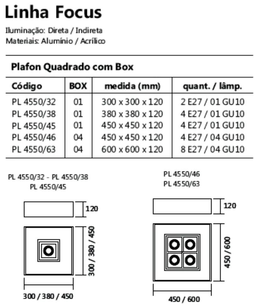 Plafon De Sobrepor Quadrado Focus C/ 04 Box 60X60X12Cm 8L E27 / 4L Gu1... (FN-F - Fendi Fosco)