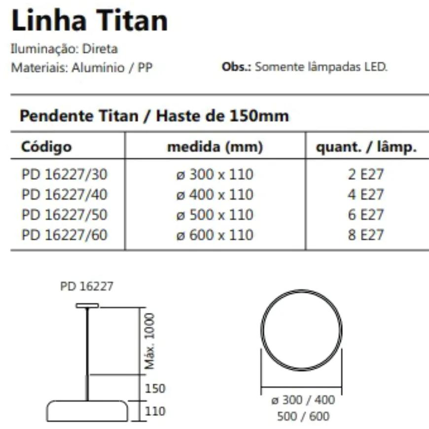 Pendente Titan Ø30X11Cm 2Xe27 Com Difusor Plano / Haste De 15Cm | Usin... (AV-M - Avelã Metálico)