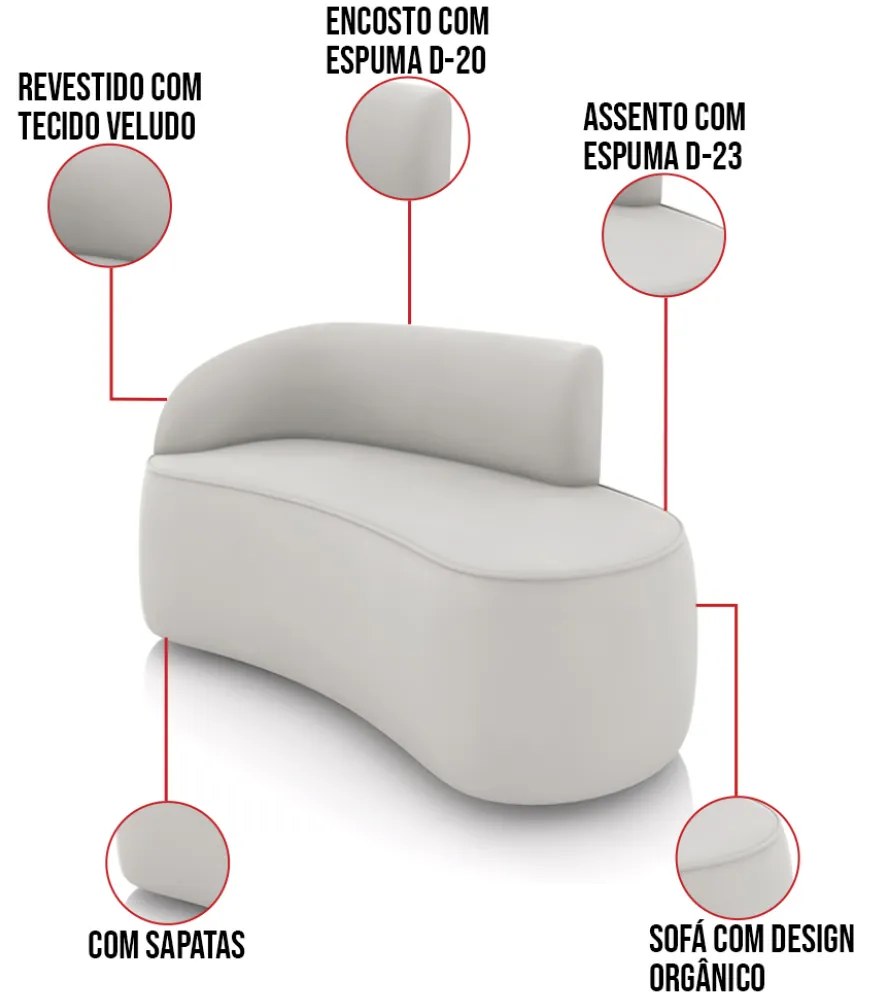 Sofá 2 Lugares Orgânico 140 cm Morgan Veludo Cinza D03 - D'Rossi