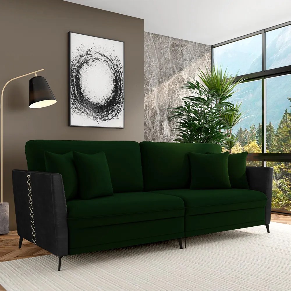 Sofá Living Decorativo Zagreb 3 Lugares 242cm com Almofadas Pés de Ferro Veludo/PU Verde/Preto G33 - Gran Belo