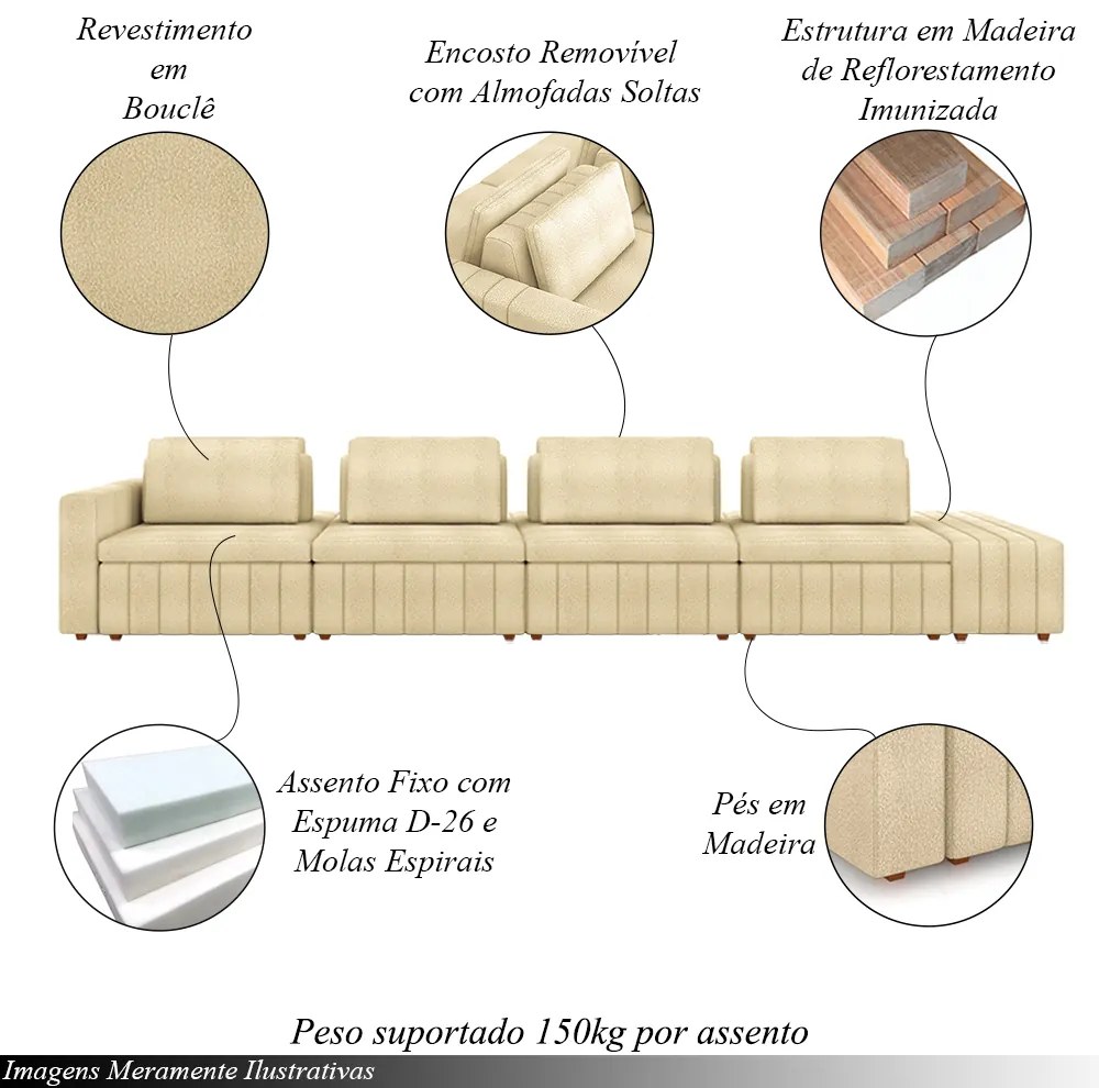 Sofá Ilha com Encosto e Almofadas Móveis Olimpo 465cm Modulado Bouclê Bege G45 - Gran Belo