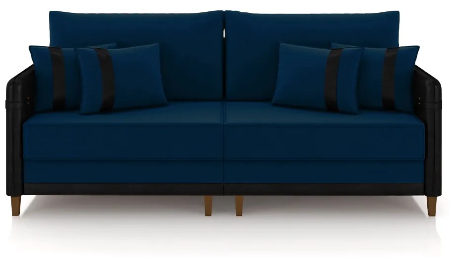 Sofá Living Montecarlo 2 Lugares Bipartido 212cm Pés em Madeira Veludo/PU Azul/Preto G33 - Gran Belo