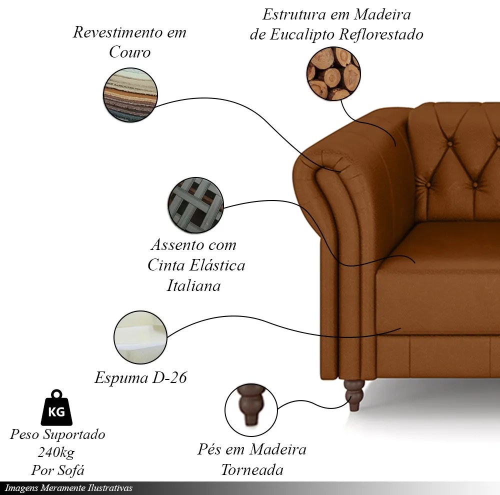 Conjunto de Sofá Sala de Estar Stanford Chesterfield 2 e 3 Lugares 180cm/260cm Pés Madeira Couro Caramelo G58 - Gran Belo