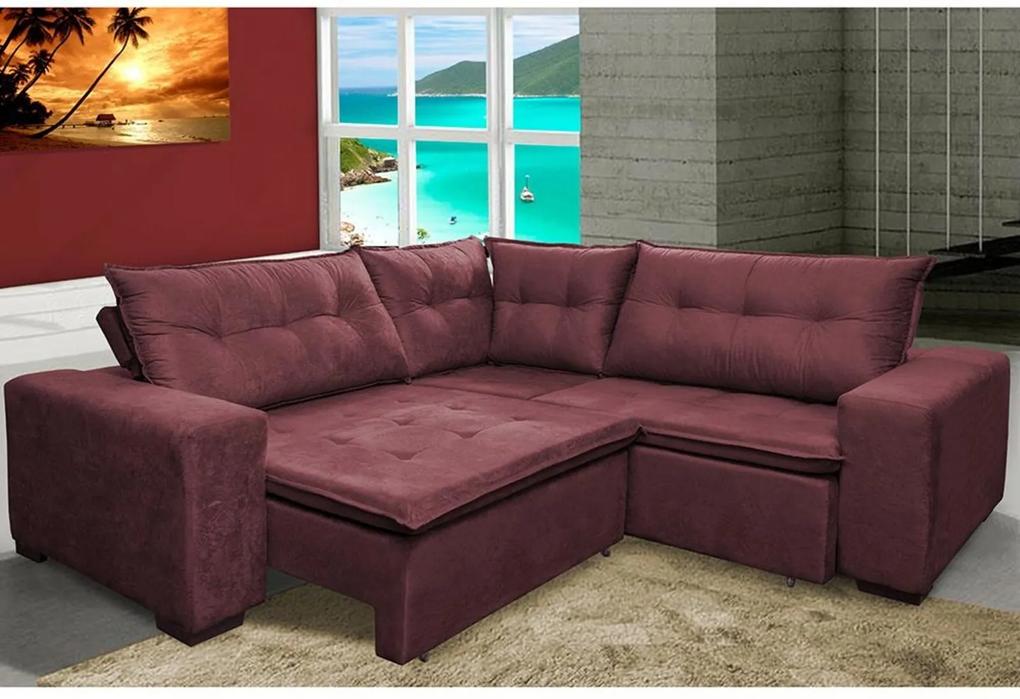 Sofa de Canto Retrátil e Reclinável com Molas Cama inBox Oklahoma 2,60m x 2,60m Suede Velusoft Vinho