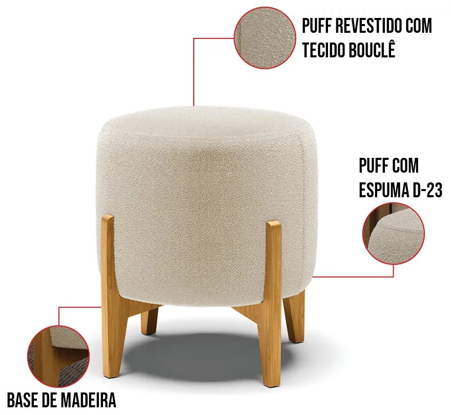 Puff Banqueta Decorativo Base Madeira Stella Bouclê Bege D03 - D'Rossi