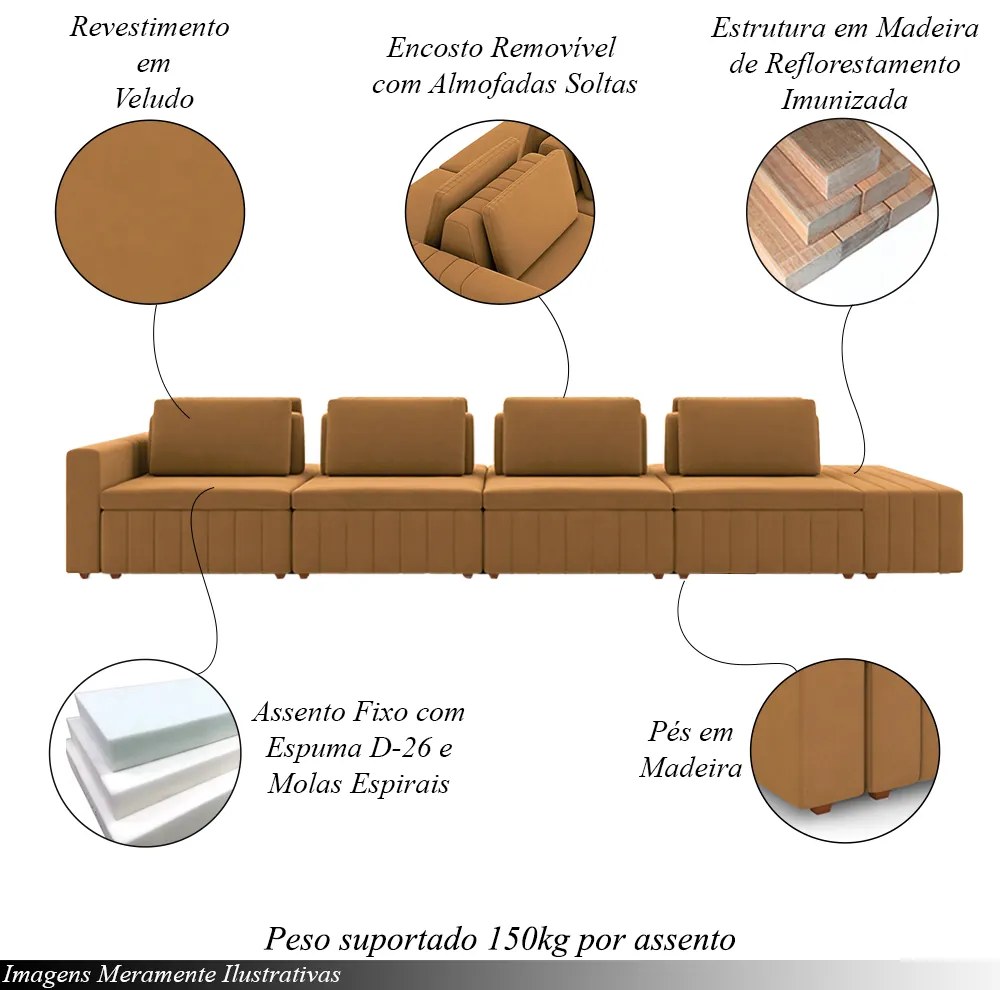 Sofá Ilha com Encosto e Almofadas Móveis Olimpo 505cm Modulado Veludo Terracota G45 - Gran Belo