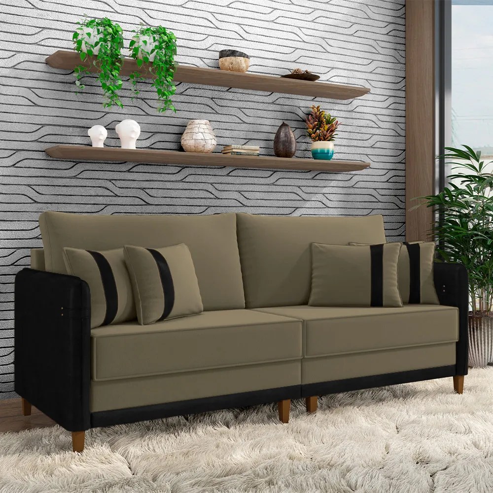 Sofá Living Montecarlo 2 Lugares Bipartido 192cm Pés em Madeira Veludo/PU Castor/Preto G33 - Gran Belo