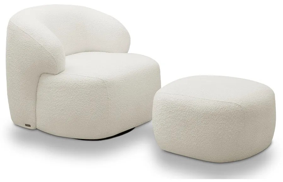 Conjunto Poltrona Base Giratória e Puff Decorativo Charlote Sala de Estar Bouclê Off White G88 - Gran Belo