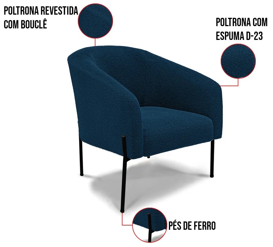 Sofá Namoradeira e 2 Poltronas Pé Ferro Pto Stella Bouclê Azul D03 - D'Rossi