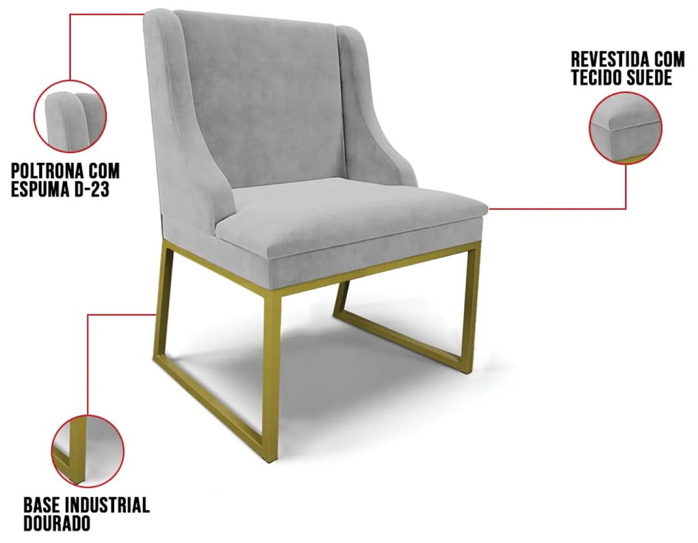 Cadeira Sala de Jantar Industrial Dourado Kit 8 Liz Suede Cinza D03 - D'Rossi