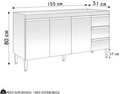 Balcão de Cozinha Para Pia 160cm 3 Gavetas Andréia Amêndoa/Preto - AJL