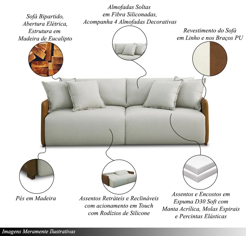 Sofá Cama Sala de Estar Bipartido Elétrico 250cm Retrátil com Almofadas Caixa Zero Dalton Veludo Bege G93 - Gran Belo