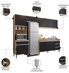 Cozinha Modulada 4 Peças Balcão com Pia 160cm Andréia Amêndoa/Preto -