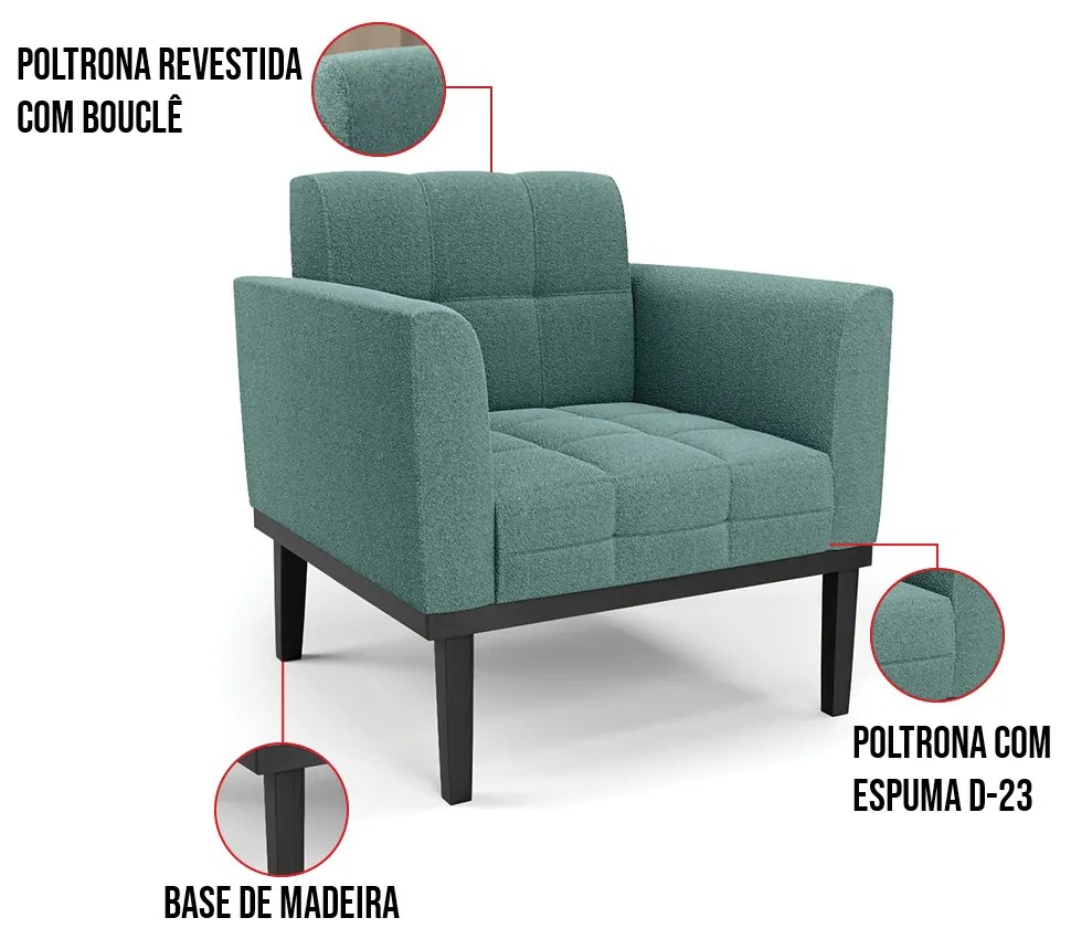 Namoradeira e Poltrona Base Madeira Fixa Pto Elisa Bouclê D03 - D'Rossi - Verde Menta