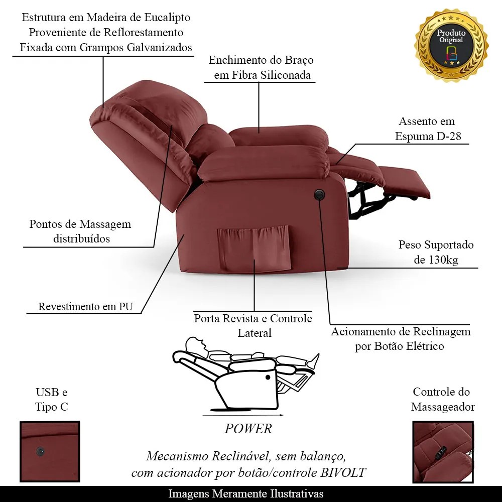 Poltrona do Papai Reclinável Melim Power Elétrica Massagem Sintético PU FH1 - D'Rossi - Vermelho