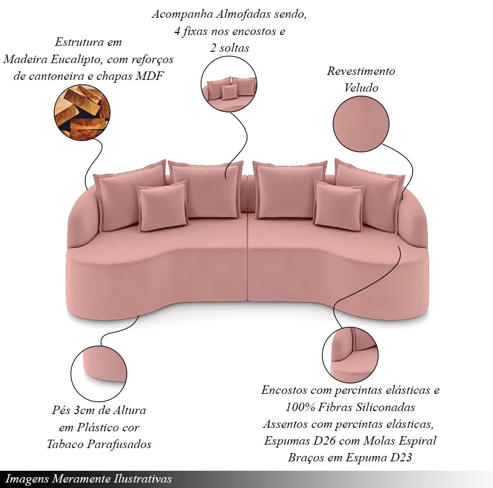 Sofá Living Decorativo Salinas 4 Lugares com Almofadas 270cm Modulado Veludo Rosê G33 - Gran Belo