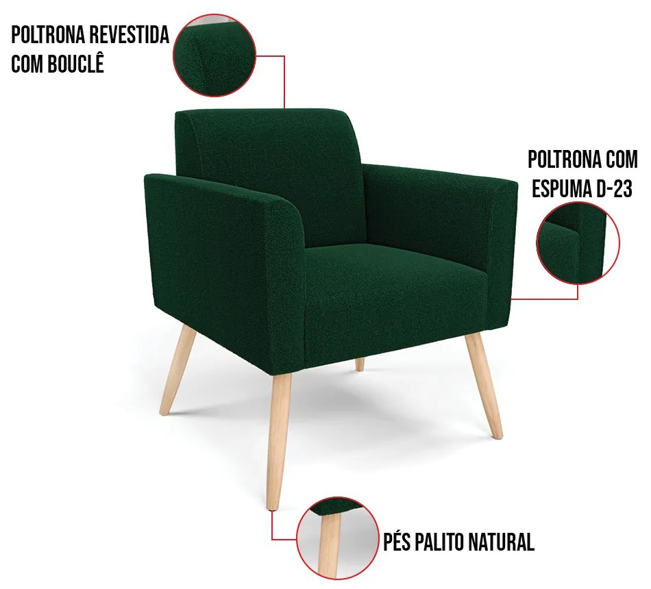 Poltrona Sala Estar Pé Palito Natural Kit 2 Marisa Bouclê Verde D03 - D'Rossi