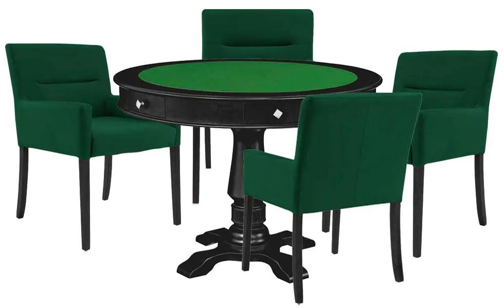 Mesa de Jogos Carteado Victoria Redonda Tampo Reversível Preto com Kit 4 Cadeiras Vicenza Suede Verde G36 G15 - Gran Belo