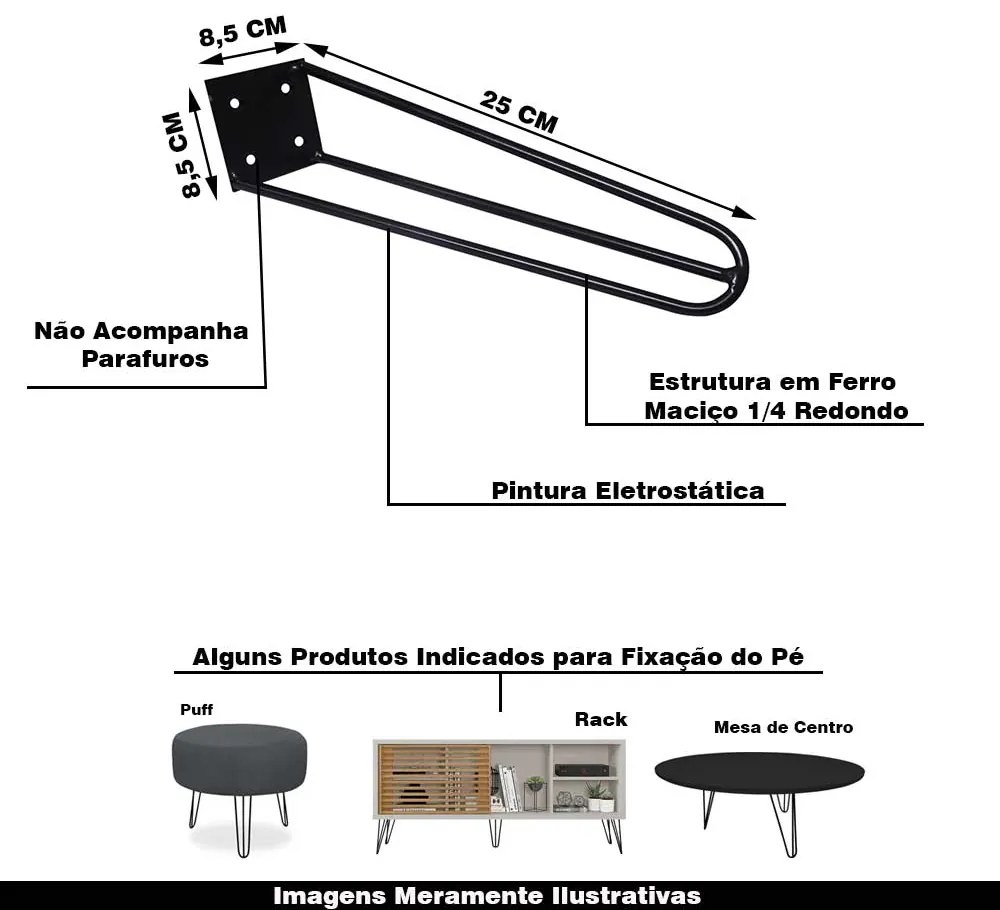 Kit 8 Pés de Metal 25 CM Hairpin Legs Mesas de Centro Puffs Preto G41