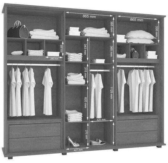 Guarda-Roupa Casal Com Espelho 6 Portas 4 Gavetas Canadá Freijó com Off White – RV Móveis