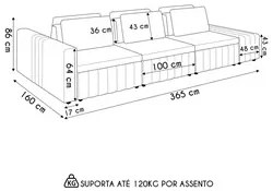 Sofá Ilha e Puff Sala Living 365cm Siesta M22 Veludo Bege  - Mpozenato