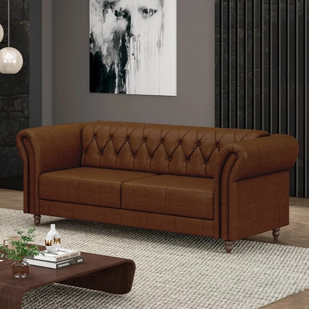 Sofá Living Sala de Estar Stanford Chesterfield 2 Lugares 200cm Pés de Madeira Couro Marrom Manchado G58 - Gran Belo