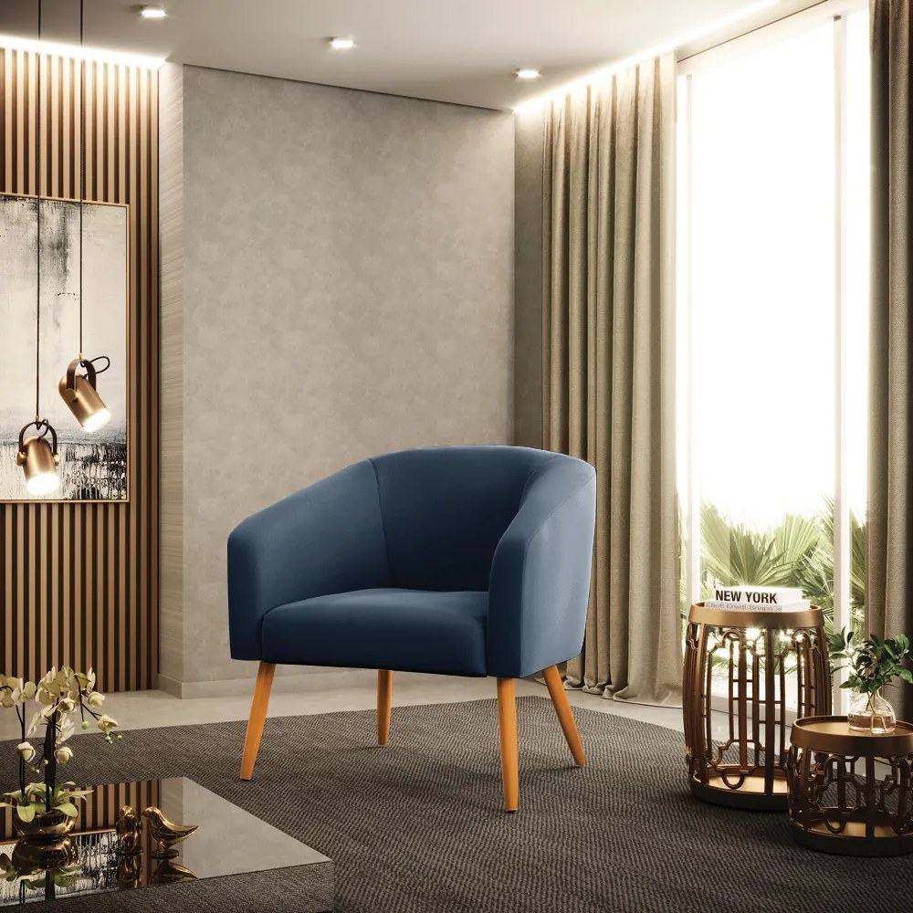 Poltrona Decorativa Pé Palito Castanho kit 2 Stella Suede Azul Marinho D03 - D'Rossi