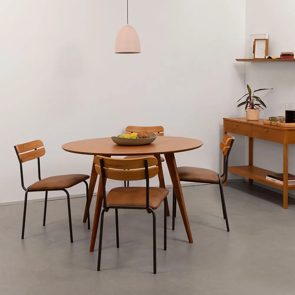 Conjunto Mesa de Jantar Square Laminada Redonda Natural - 1,08m + 4 Cadeiras Ribs PU - Caramelo