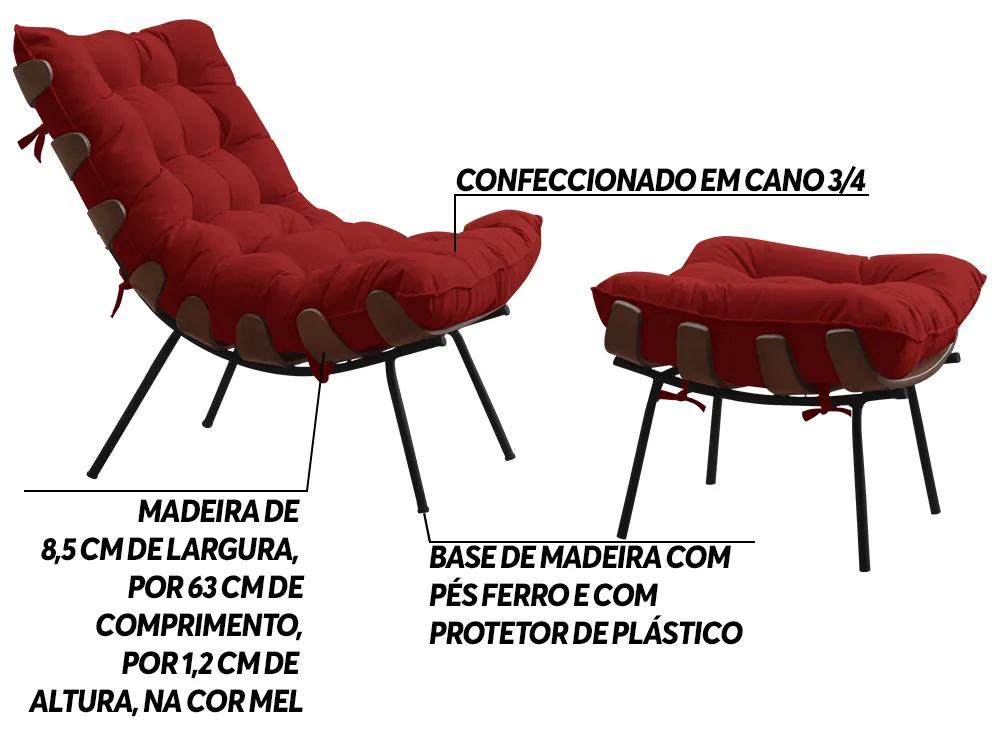 Conjunto Decorativo Poltrona e Puff Abel Base de Madeira Preto Veludo Vermelho G41 - Gran Belo