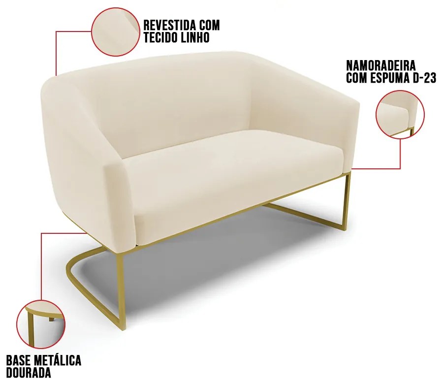Sofá 2 Lugares Namoradeira Industrial Dourado Stella Linho D03 - D'Rossi - A19 Bege