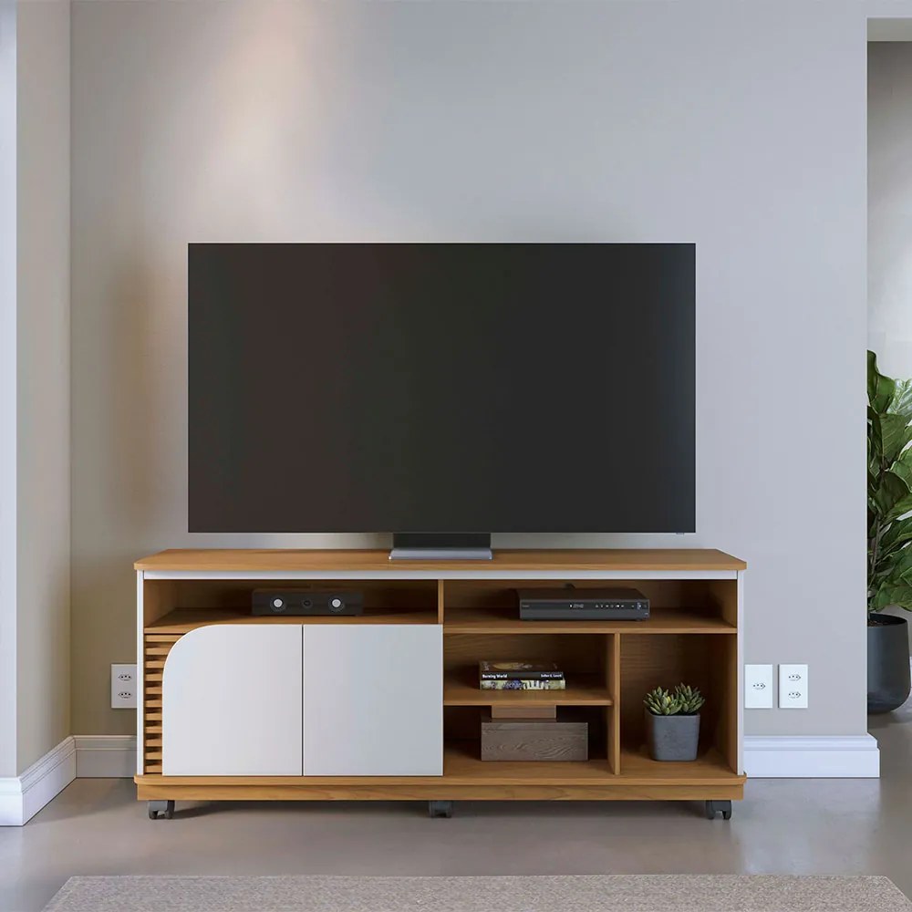 Bancada Tv de 65'' 2 Portas Ewa e Rodízio 150cm C04 - D'Rossi - Freijó e Off White