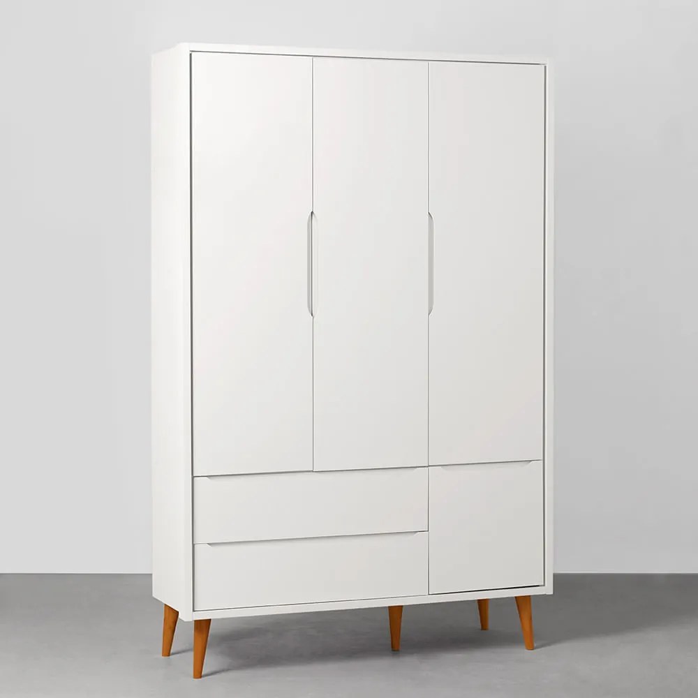 Guarda-Roupa Theo 3 Portas com Pés Retrô Mel - Branco Fosco