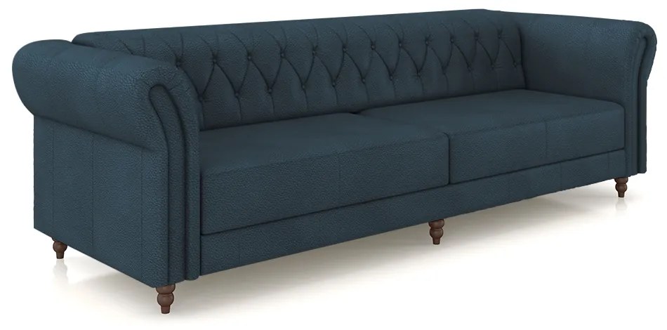 Sofá Living Sala de Estar Stanford Chesterfield 3 Lugares 240cm Pés de Madeira Couro Azul Marinho G58 - Gran Belo