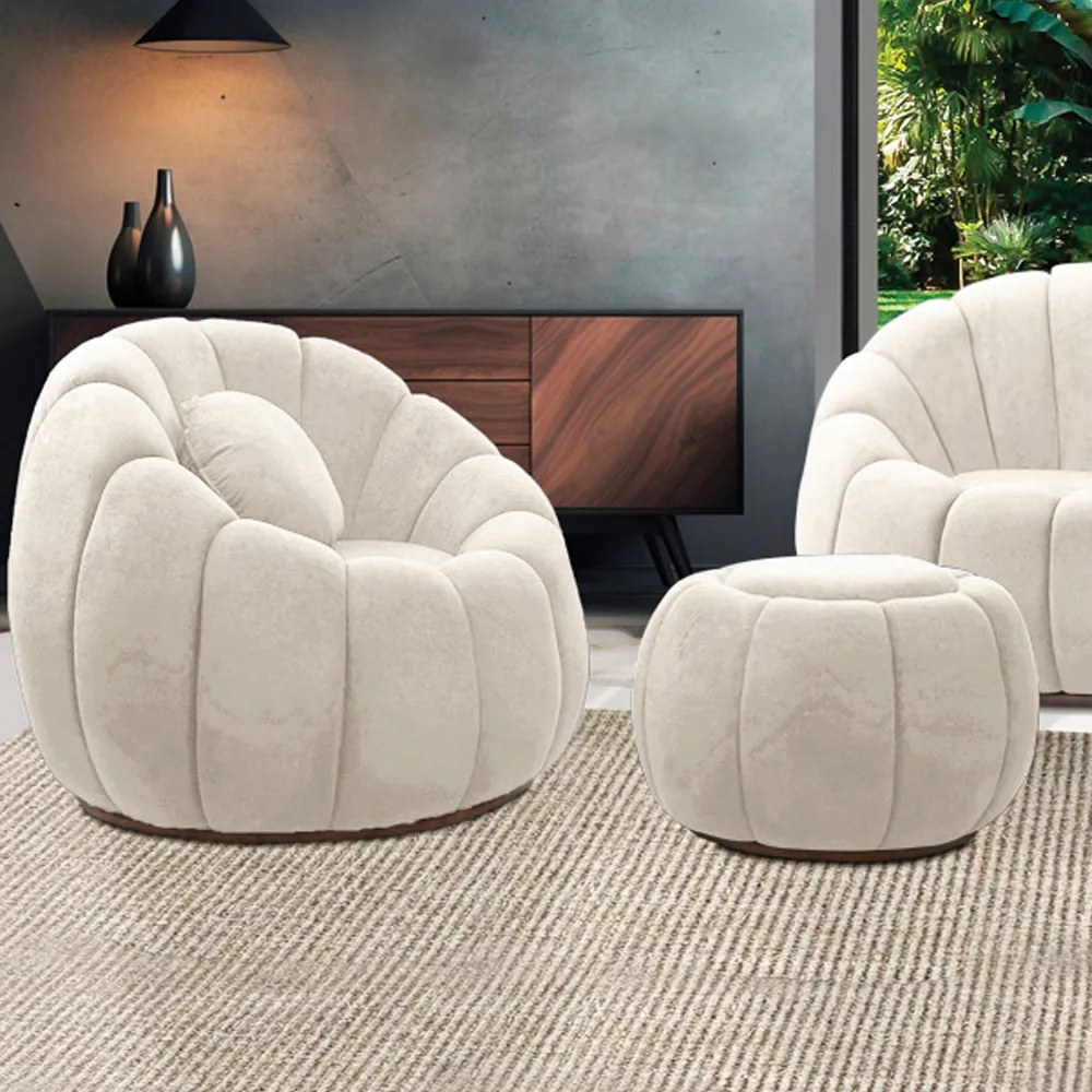 Poltrona Decorativa Orgânica Giratória com Puff Cloud Bouclê E03 - D'Rossi - Bege