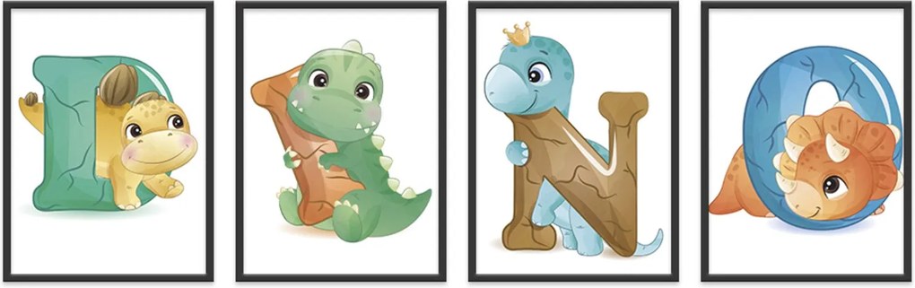 Quadro 60x160cm Infantil Dinossauro Letras Moldura Preta sem Vidro Decorativo